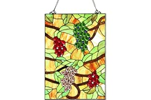 Bieye W10065 Grape Tiffany Style Stained Glass Window Hanging Panel, Rectangular Shape, 13.5" W x 19.5" H
