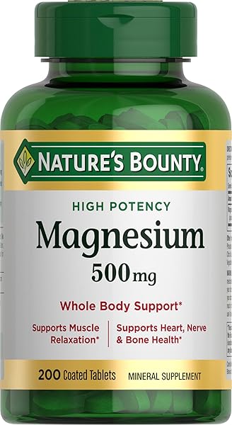 NATURE’S BOUNTY MAGNESIUM 500 MG TABLETS, HIGH POTENCY MAGNESIUM SUPPLEMENT FOR BONE & MUSCLE HEALTH, WHOLE BODY SUPPORT, 200 COUNT (PACK OF 1)