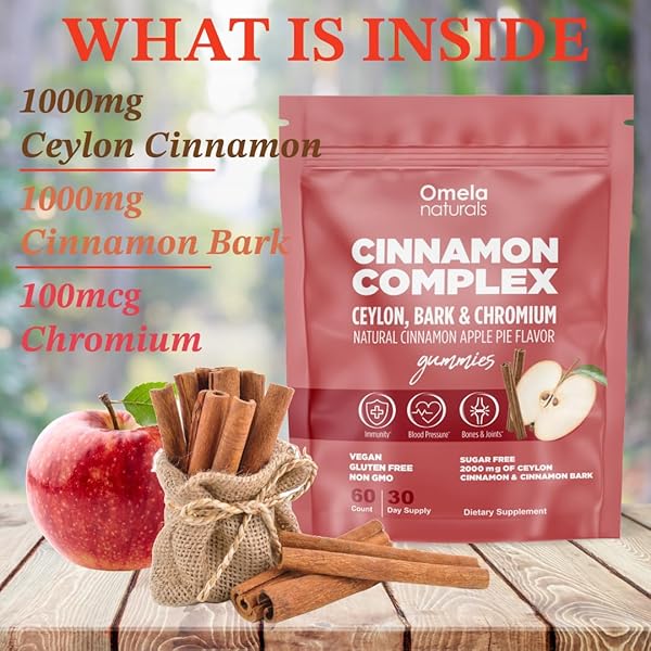 OMELA NATURALS SUGAR-FREE CEYLON CINNAMON COMPLEX GUMMIES APPLE CINNAMON FLAVOR | IMMUNE SUPPORT & ANTIOXIDANT SUPPLEMENTS | 2000MG CINNAMON COMPLEX WITH CHROMIUM | VEGAN, NON-GMO, GLUTEN-FREE| 60CT