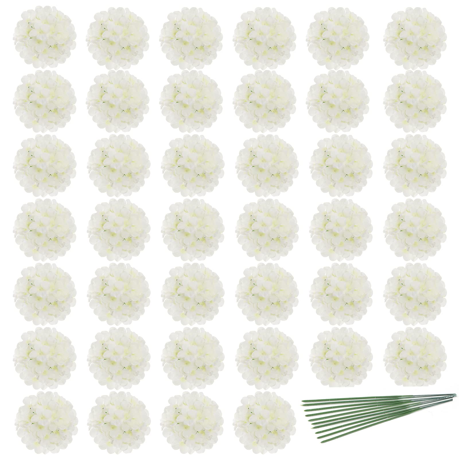 JPSOR 40pcs Artificial Hydrangea Silk Flower Heads with Stems, Fake Flowers for Mothers Day Wedding Centerpiece Home Garden Party Decoration (White)