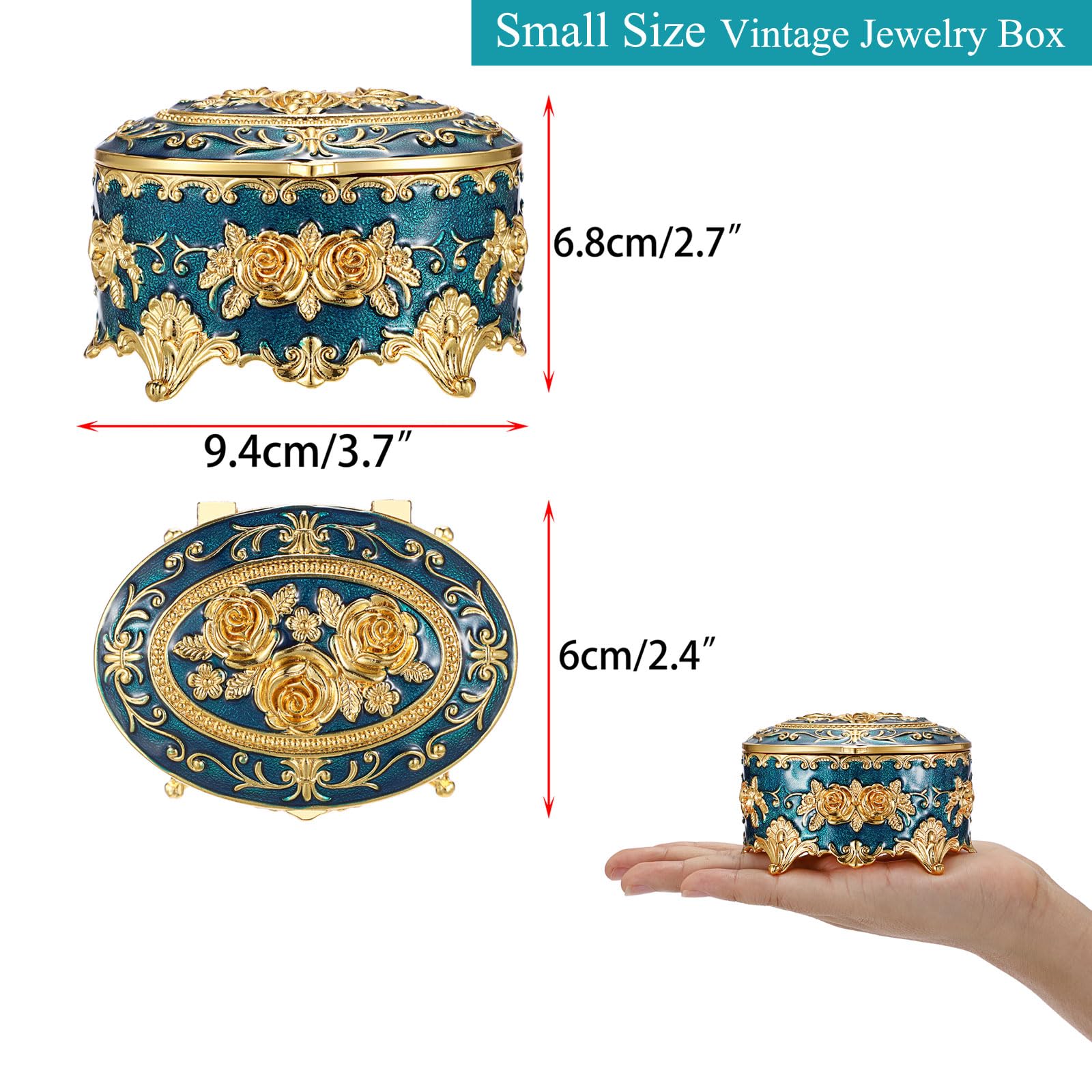 Hipiwe Vintage Metal Jewelry Box - Oval Trinket Box Ring Case with Rose Pattern Jewelry Storage Box for Ring Earrings Necklace, Keepsake Box for Women
