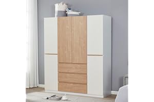TrendTerrace 4 Door Armoire Wardrobe Closet Cabinet, 3 Drawers Wooden Tall Cabinet Closet Wardrobe for High Storage Capacity, White Closet Cabinet with Hanging Rod 63" L x 20.3" W x 74.2" H