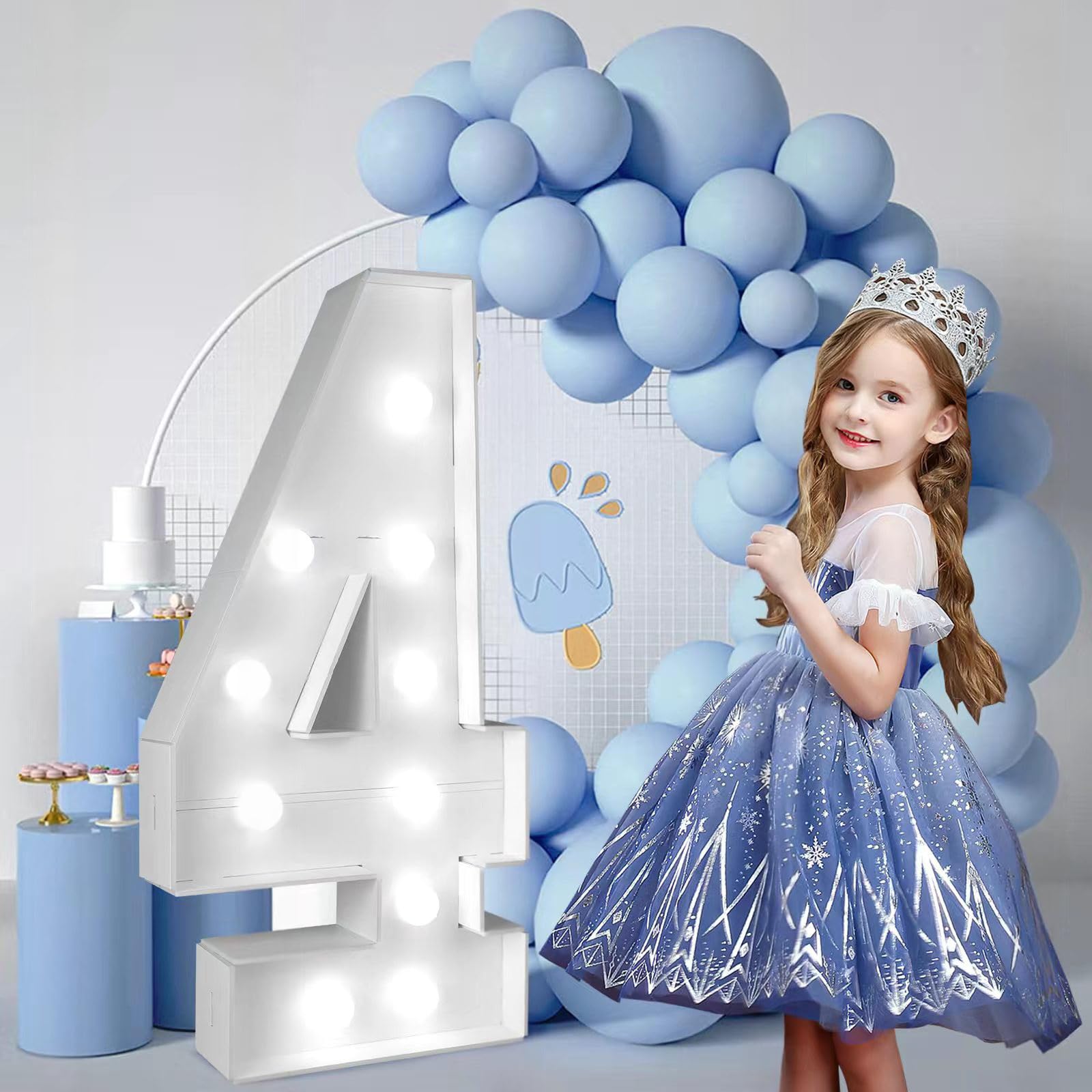 Photo 1 of 3FT/36 Inch Marquee Light up Numbers with White Lights,White Marquee Number 0-9 for Birthday Party Large Mosaic Frame Letter Cardboard Pre-Cut Foam Board Sign Diy Decorations Anniversary(4)