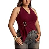 Floerns Women's Plus Size Metal Ring Wrap Halter Tops Sleeveless Asymmetrical Hem Y2k Going Out Tank Top