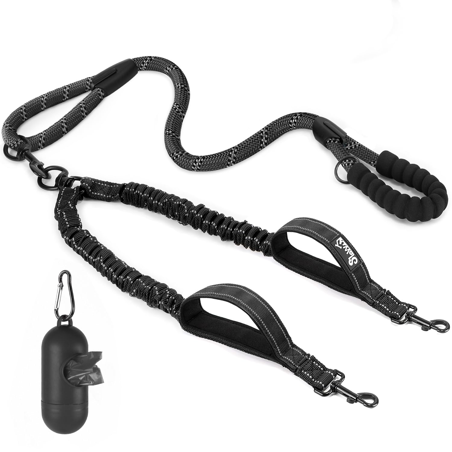 Eyein Double Dog Lead No Tangle - 360° Swivel Heavy Duty Reflective Leash with Two Padded Handles Dual Dog Splitter, Comfortable Shock Absorbing Walking Training for 2 Small Medium Dogs (3-16kg)