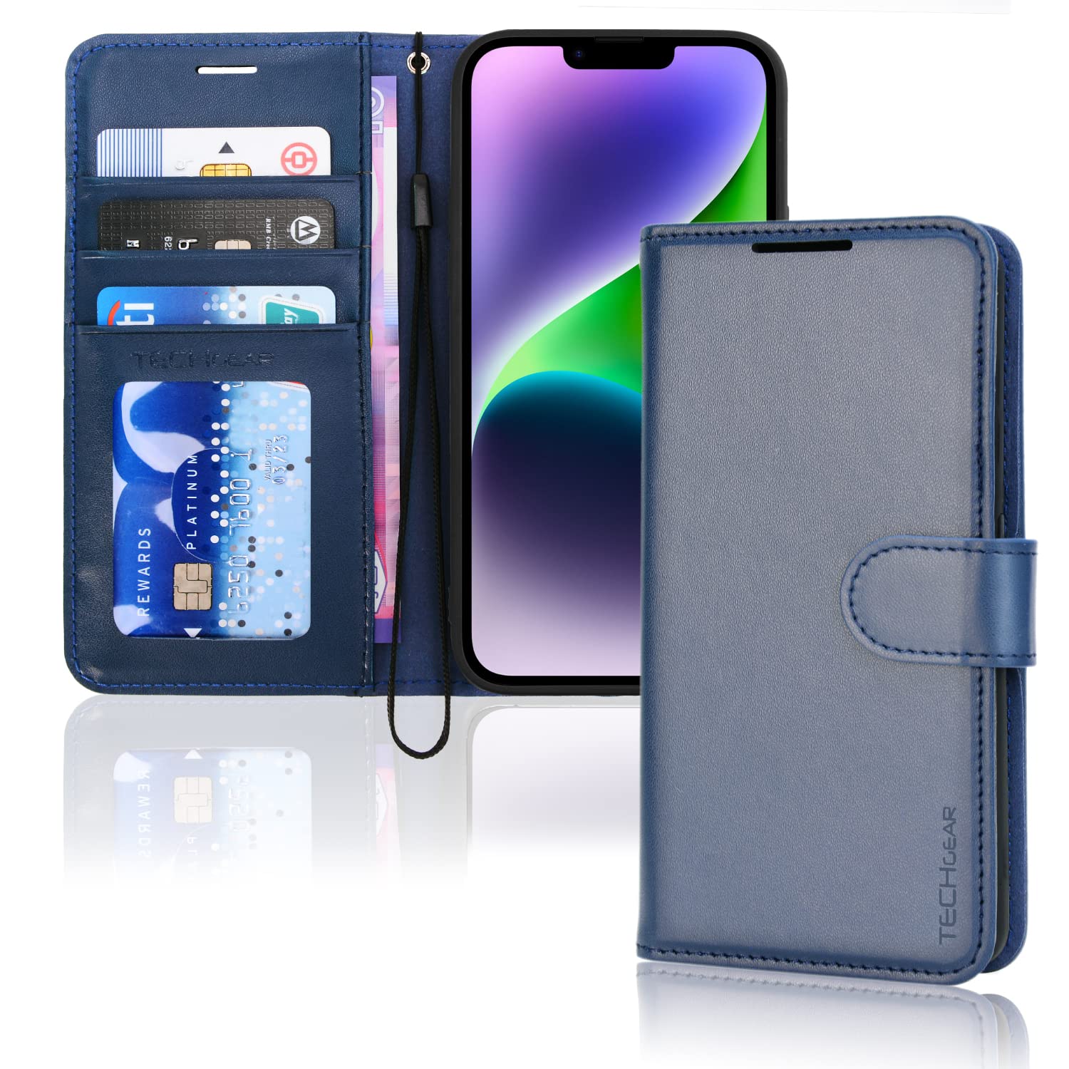 TECHGEAR iPhone 14 Leather Wallet Case, Flip Protective Case Cover with Wallet Card Holder, Stand and Wrist Strap - Blue PU Leather with Magnetic Closure for iPhone 14 6.1"