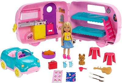 Barbie Chelsea Camper Playset with Doll Car Puppy 10 Accessories FXG90
