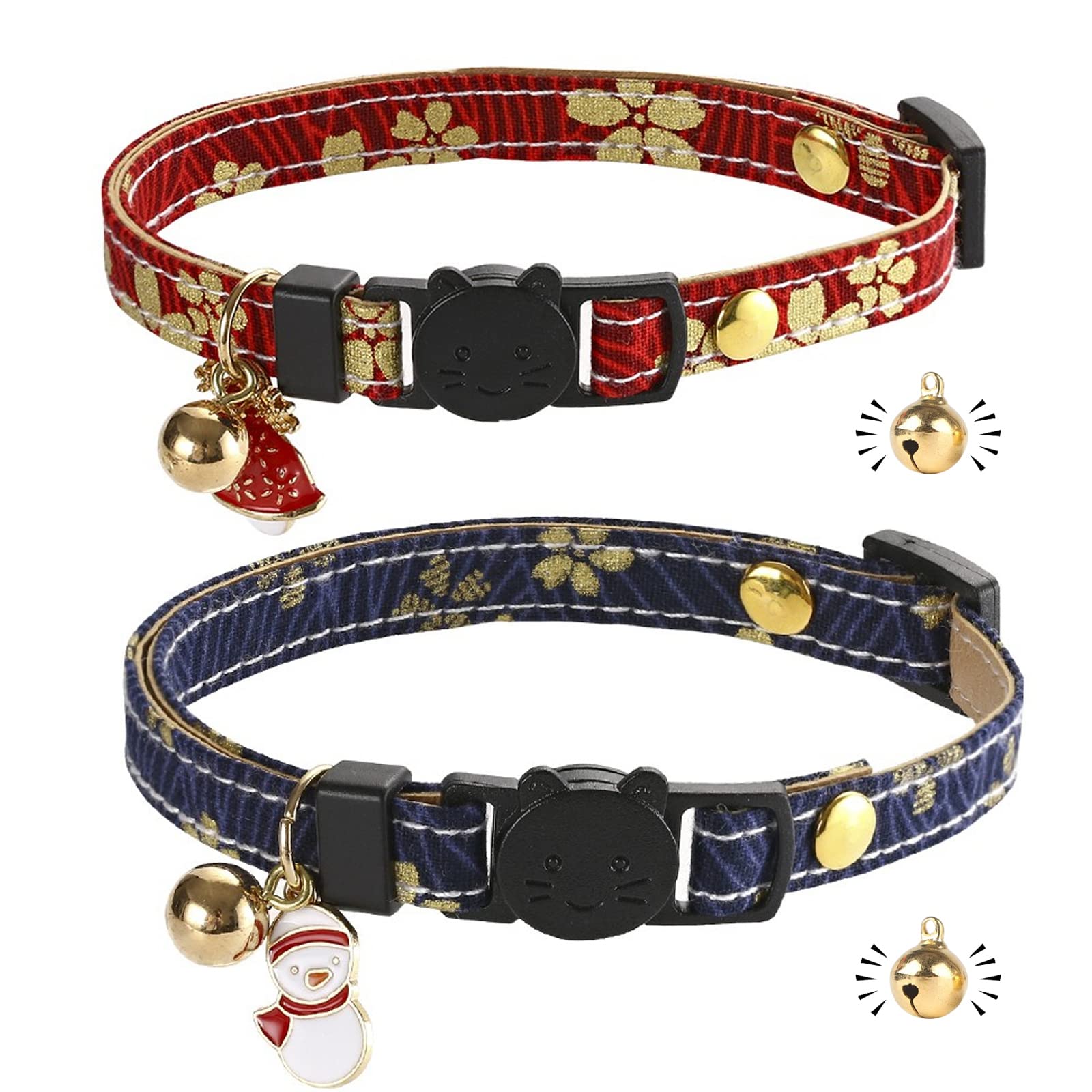 Gienxias Cat Collar Quick Release, Breakable Kitten Collar with Gold Balls, Hand Made Leather Cat Collars, Japanese Design, Adjustable Collar for Girl Boy Male Female Cat 2 Pack (Christmas Charm)