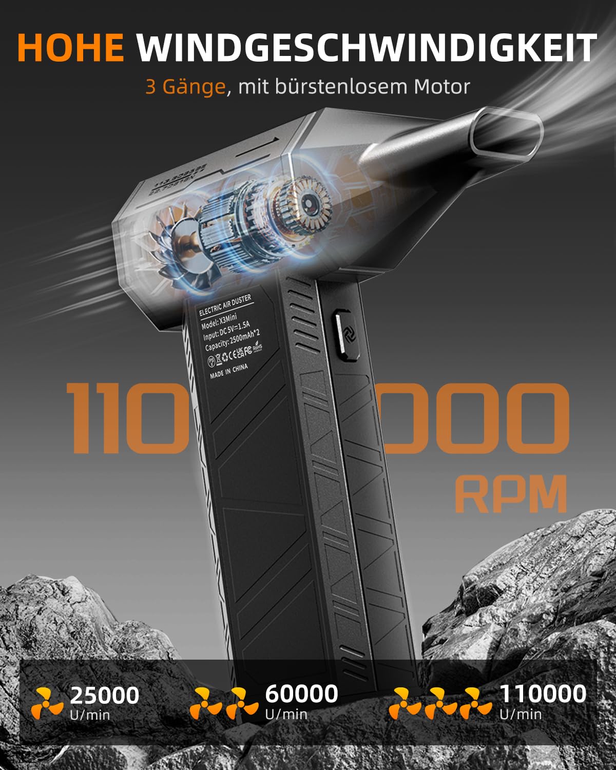 Elektrische Staubgebläse,110000RPM Electric Air Duster Cordless, 3-Gang einstellbare Mini-Gebläse mit Akku, 5.000 mAh wiederaufladbarer Akku, Mini-Format, mit 4 Düsen und Überhitzungsschutz. 2