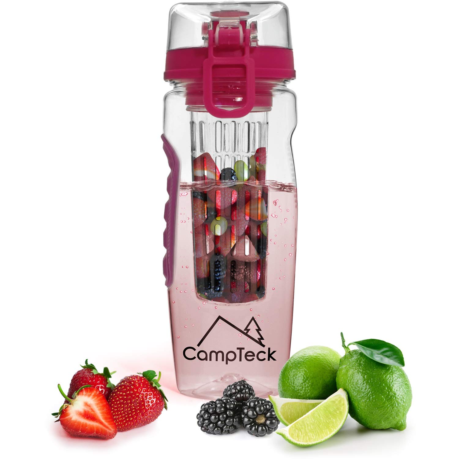 CampTeck 1 Litre 1000ml Fruit Infuser Water Bottle (BPA Free Tritan Plastic) with Leak Proof Lid + Lock & Carry Handle - Pink