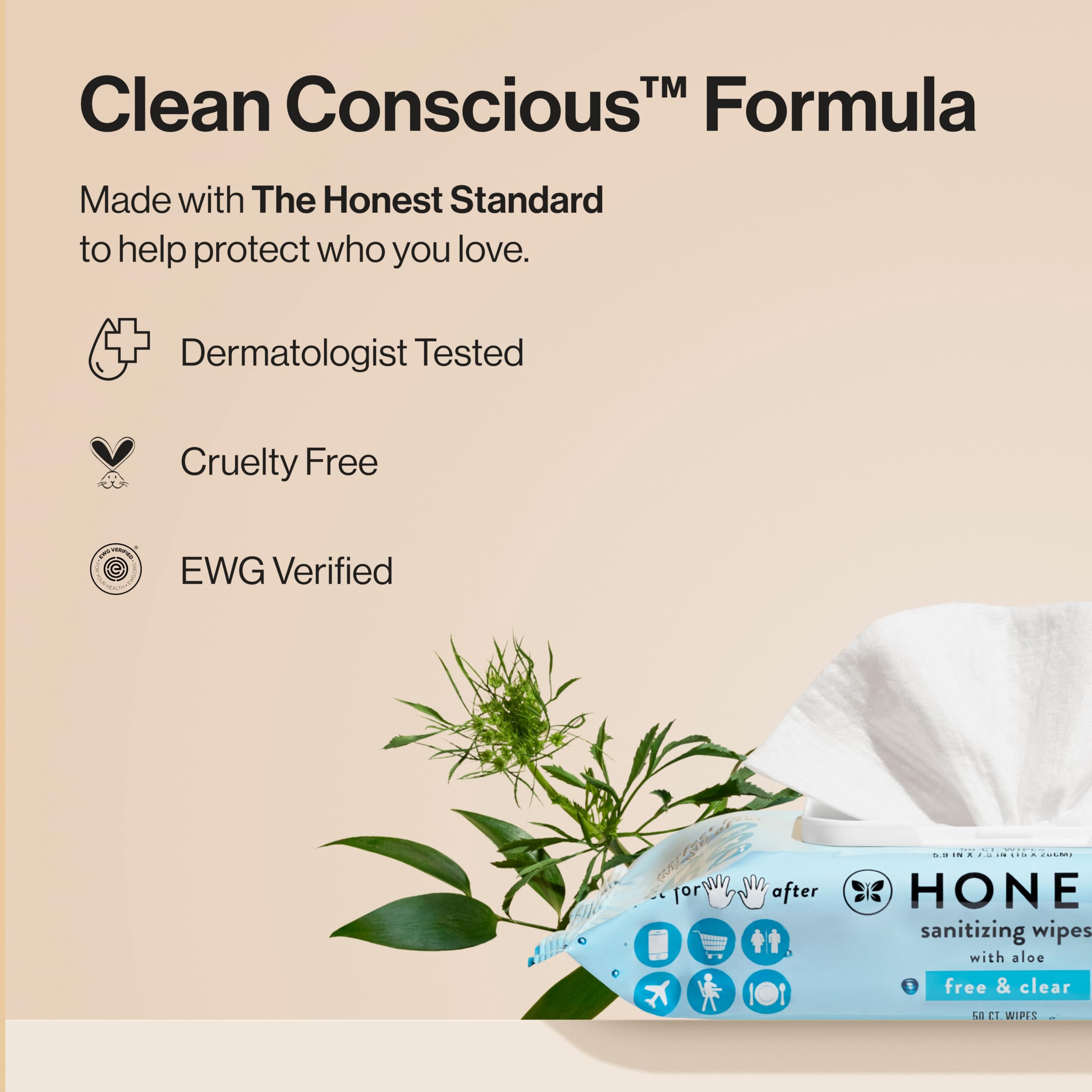 The Honest Company Fragrance Free Sanitizing Alcohol Wipes | Antibacterial + Safe for Hands | Kills 99% of Germs, Made With Aloe | 150 Count (3 Packs of 50)