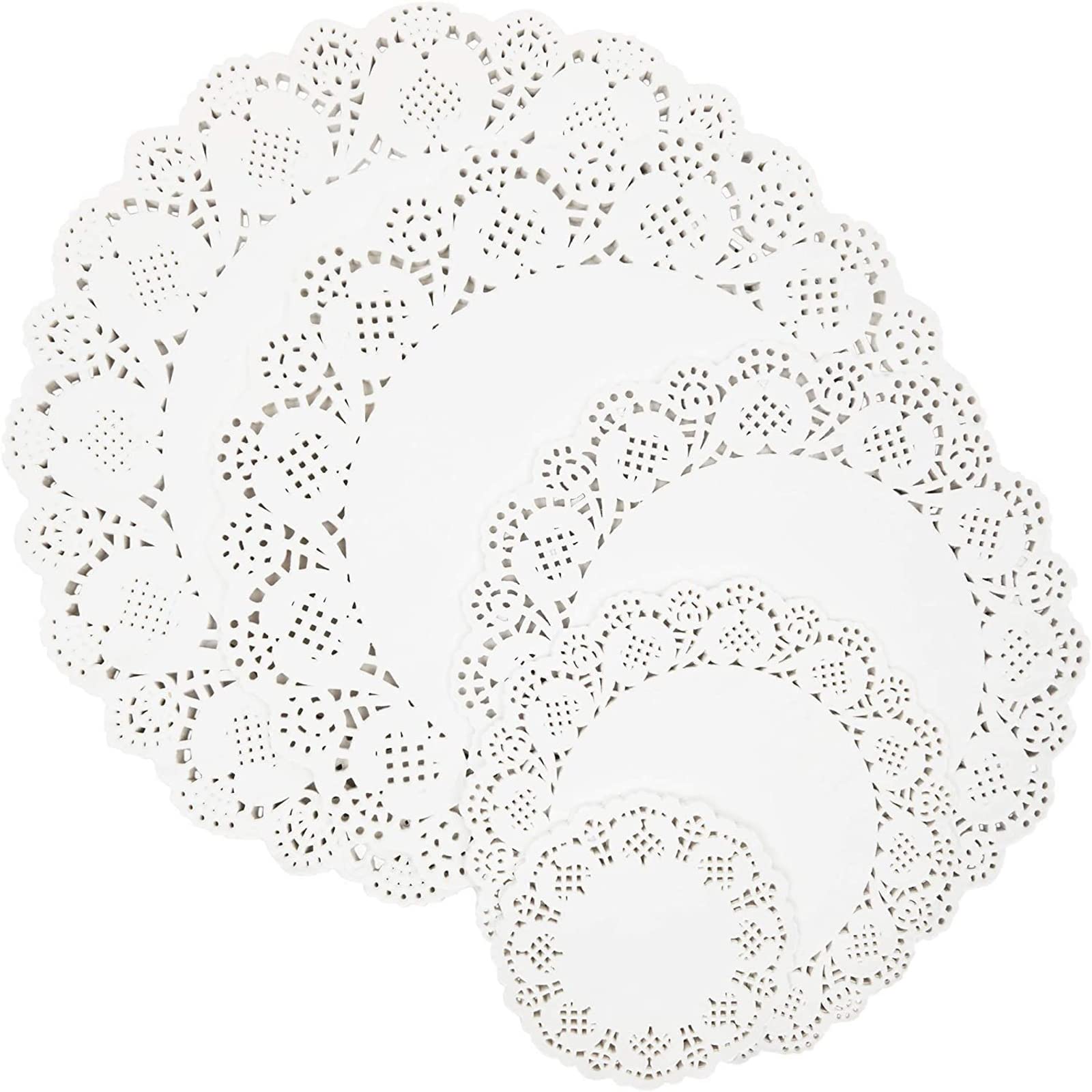 Juvale Round Lace Doilies,250-Piece, 50 Pieces of Each Size,4-inch, 6.5-Inch, 8.5-Inch, 10.5-Inch, 12 Inch,White Paper