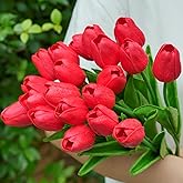 IPLNTS 20 Pcs 13” Real Touch Red Tulips Artificial Flowers, Latex PU Fake Faux Lifelike Flowers with Stems, for Christmas Valentine's Day Mother's Day Easter Home Decor Wedding Bouquet