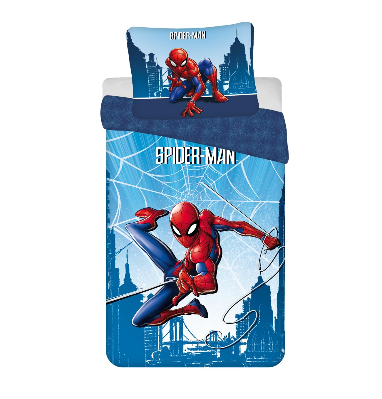 2-Piece Bedding Set – Child – Duvet Cover – Reversible – 140 x 200 cm – Pillowcase – 70 x 90 cm Bedding – 100% Cotton – Blue – Spiderman – Boys – Marvel