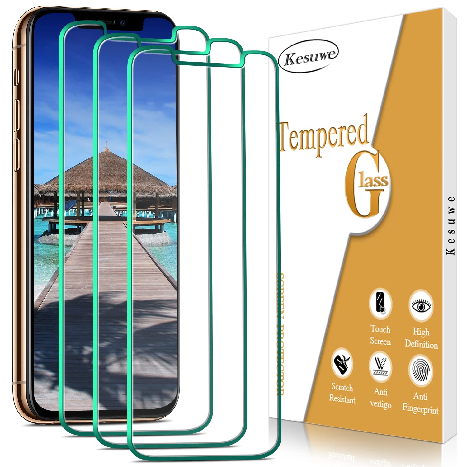 Kesuwe [3 Pack Screen Protector for iPhone 11 Pro Max, iPhone XS Max, 9H Hardness Tempered Glass, Anti Scratch, Ultra Resistant, Ultra Transparent, Bubble Free, Easy Installation — image 1