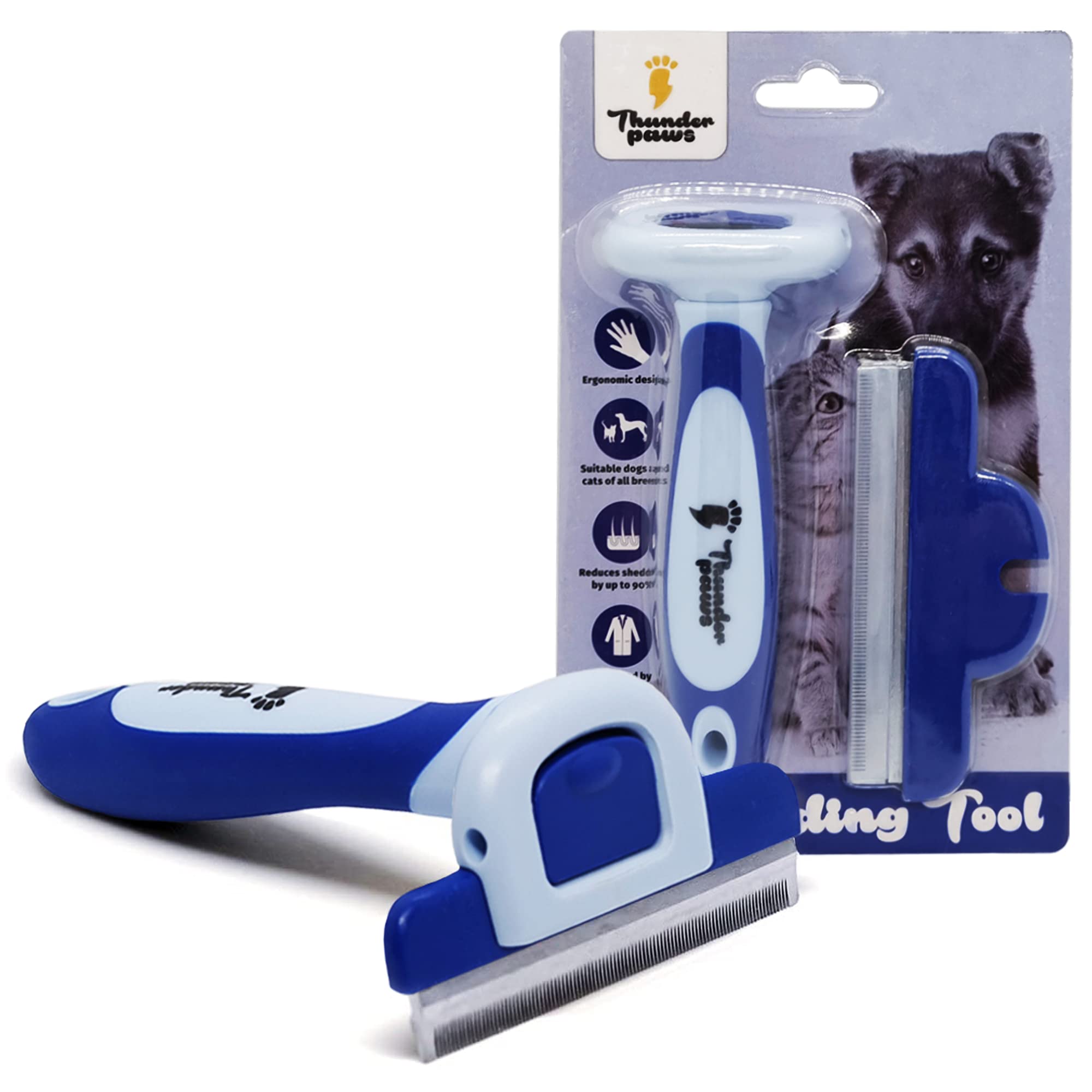 Thunderpaws Professional De-shedding Tool and Pet Grooming Brush, D-Shedz for Breeds of Dogs, Cats with Short or Long Hair, Small, Medium and Large (Blue)