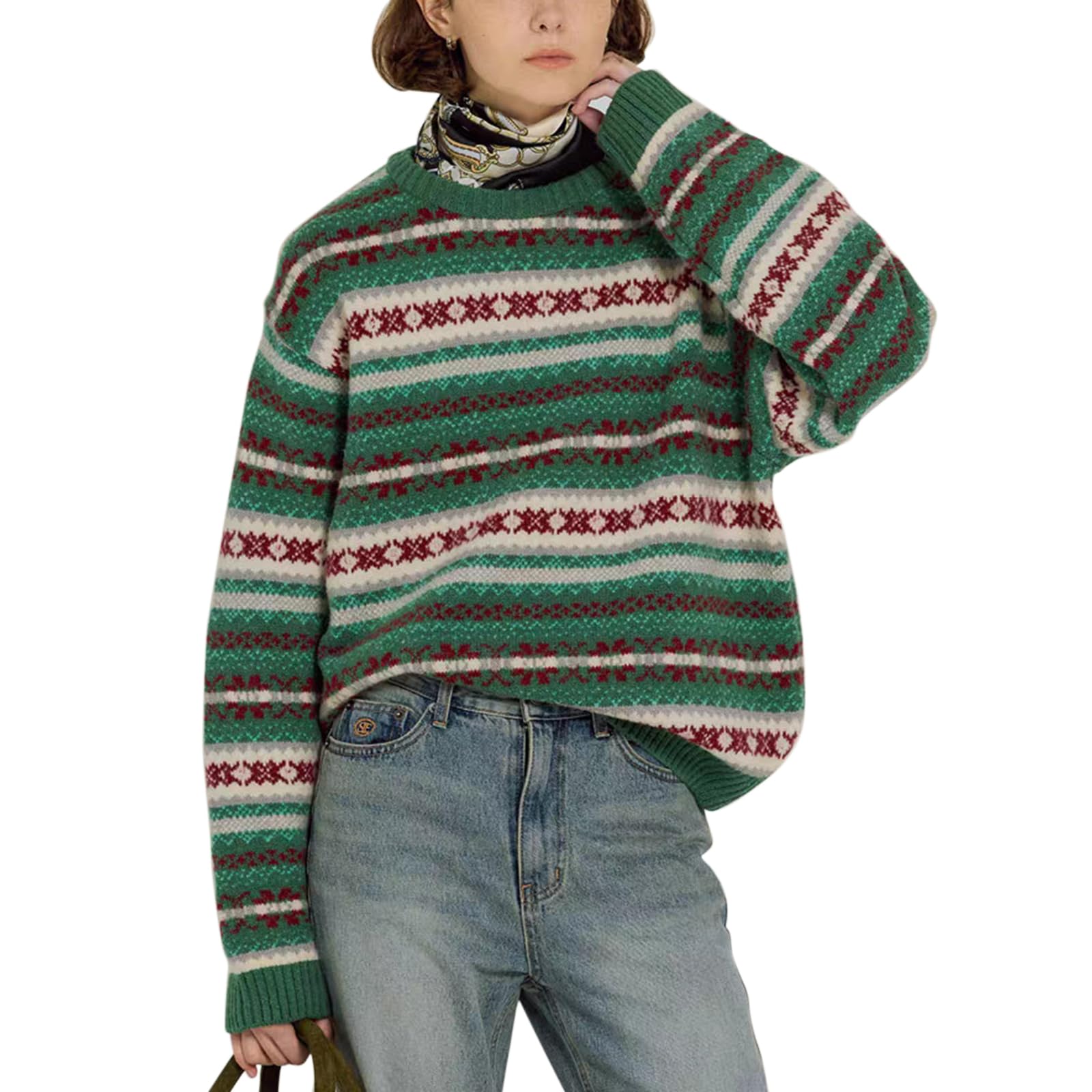 Women Y2K Argyle Striped Pullover Sweater Casual