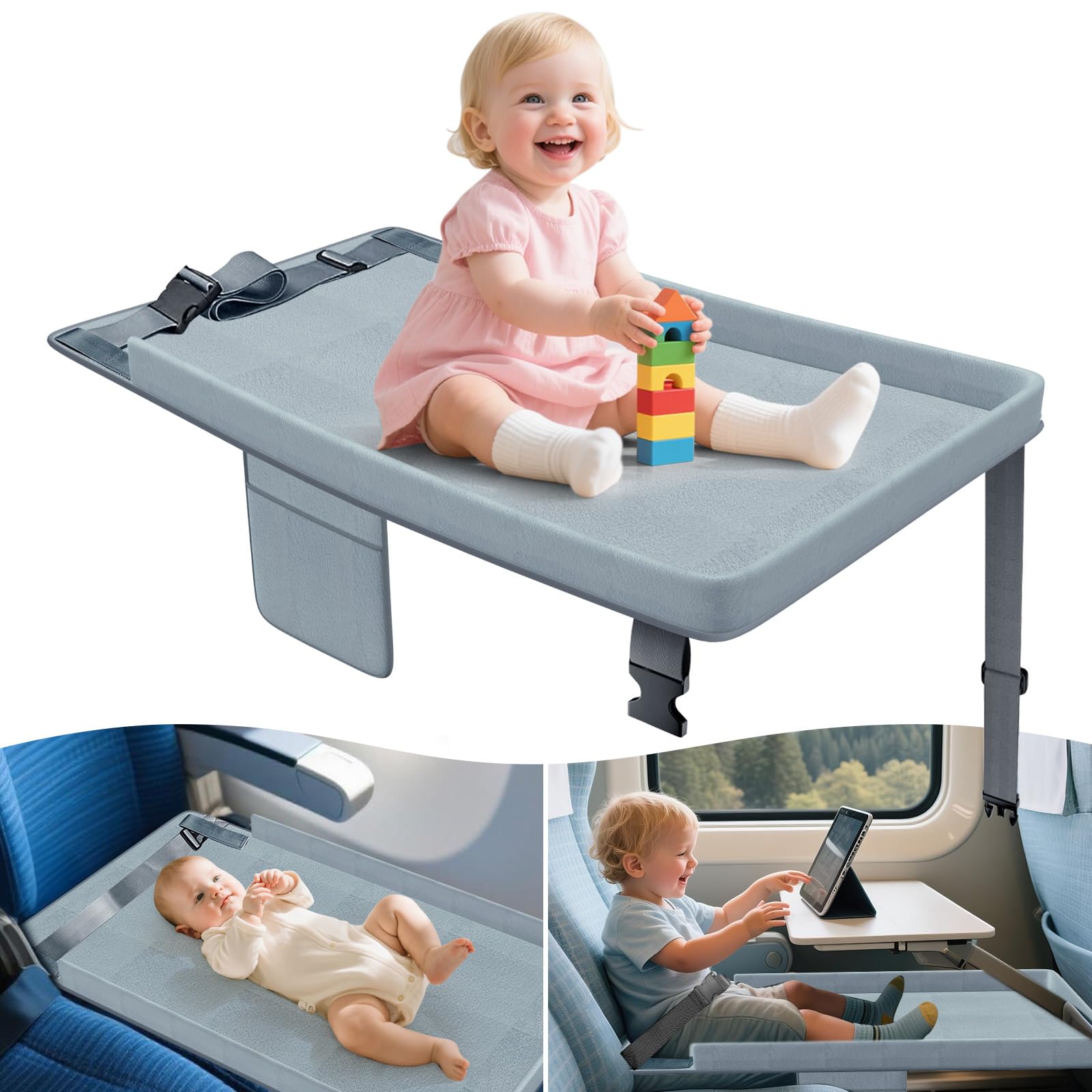 Photo 1 of Airplane Bed for Toddler - Airplane Seat Extender for Kids - Barrier Designed Baby Airplane Bed with Pockets - Comfortable Footrest for Kids Flights Travel Essentials Grey