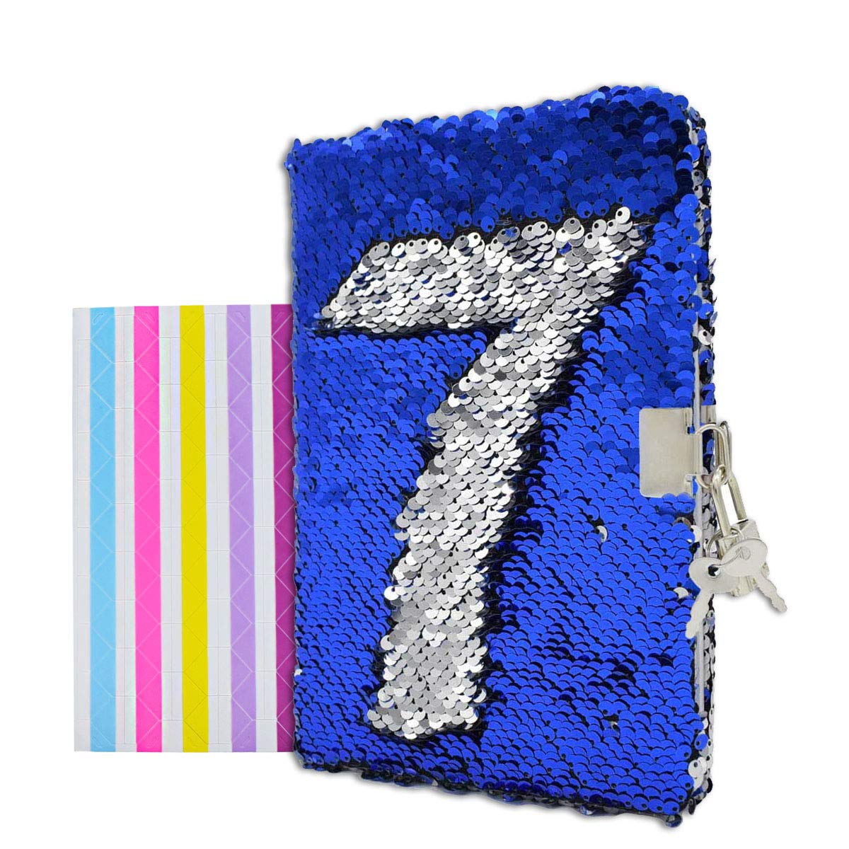 VIPbuy Reversible Sequin Notebook Diary with Lock and Key Lined Travel Journal w/Photo Corner for Kids Girls Boys Gift, Size A5 (215 x140mm), 156 Pages, Blue to Silver