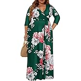 Milloud Plus Size Dress for Women - 3/4 Sleeve V-Neck Maxi Dress for Women with Belt and Pockets (2XL-6XL