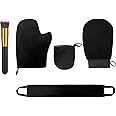5 Pieces Self Tanning Mitt Applicator Kit, Includes Exfoliating Glove, Tanning Mitt, Mini Face Mitt, Back Lotion Applicator with Self Tanner Brush Large Flat Top Makeup Brush (Black)