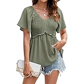 HEYTALALA Women's Summer Peplum Tops Ruffle Trim Short Sleeve Casual V Neck Smocked Blouses Dressy Shirt