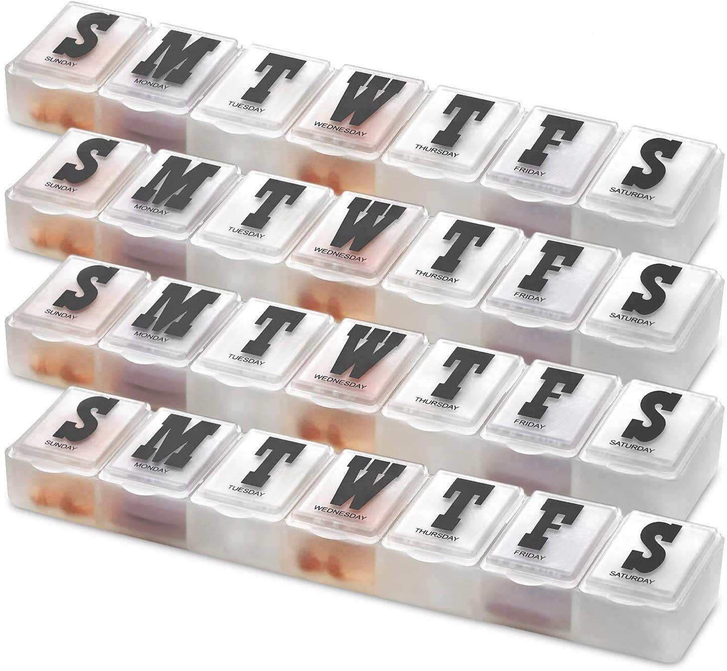 MEDca Pill Organizers - Pack of 4 Bold Letter Weekly Pill Planners for 28 Days Total to Separate Supplements, Fish Oils & Vitamins Daily Medication Reminder for Travel & Purse