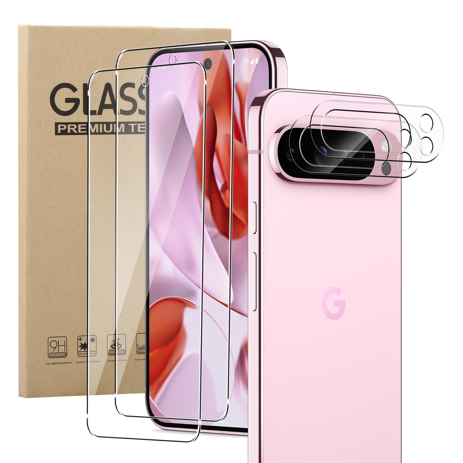 KZIOACSH Screen Protector for Google Pixel 9 Pro, [2+2 Pack] 9H Hardness[Anti-Scratch] Front Screen Tempered Glass HD Clear [Bubble Free] Protective Cover Film with Camera Lens Protector