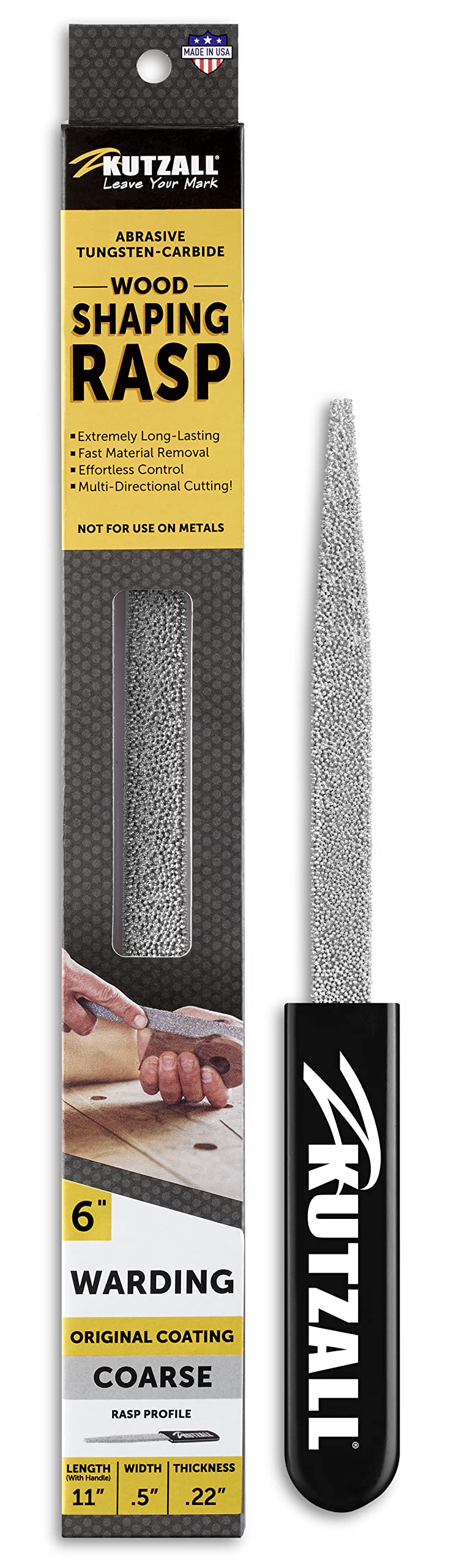 Kutzall Original 6" Warding Hand Rasp - Coarse, Wood Rasp/File used for Woodworking & Shaping, W/Ergonomic Soft Grip Handle, Absrasive Tungsten Carbide Coating - 11" (279.4mm) Overall Length - WD6330