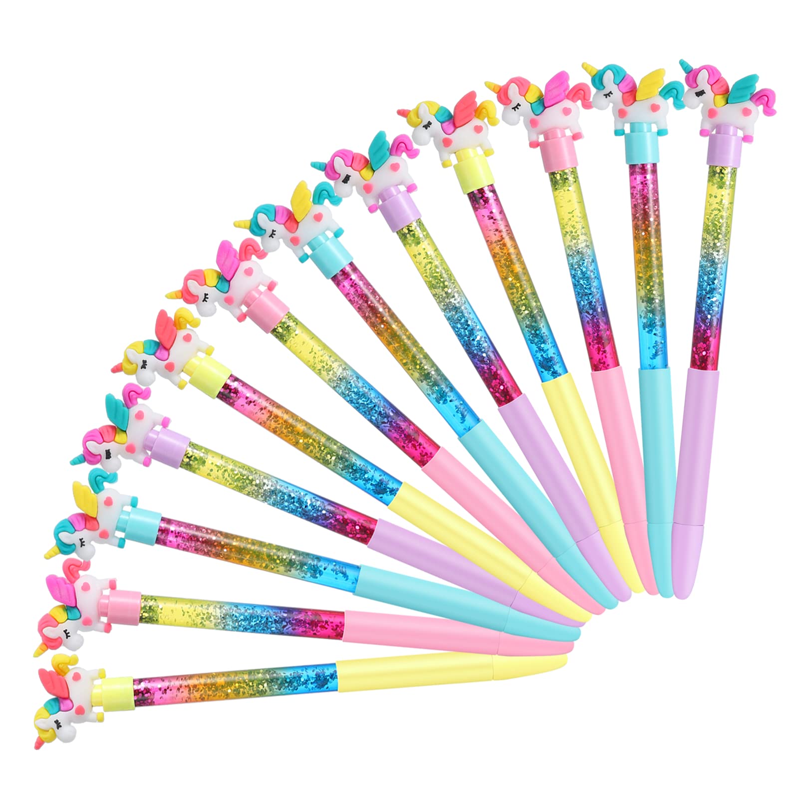 FRIUSATE 12 Pcs Unicorn Pens, Sparkly Glitter Liquid Gel Pens, Cute Unicorn Party Bag Fillers Girls Stationary Present Set, 0.5 mm Fine Point Pen for Home Office School Supplies, Black Ink