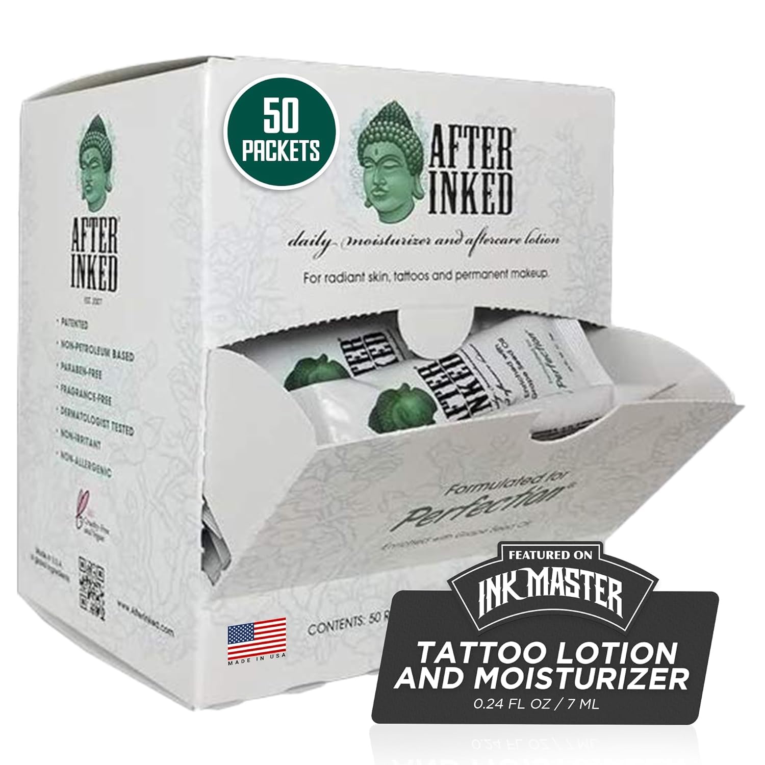 Vegan Tattoo Aftercare Lotion by After Inked. Best for new tattoos, Permanent Make Up, Micropigmentation, Microblading and Laser Removal. Sachet Sizes: 7 ml each (Box of 50)