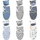 VitalCozy 6 Pack Cotton Baby Swaddle Blanket Wrap with Matching Hat Set - Preemie Receiving Blanket for Newborn Boy or Girl (Blue Series, 3-7 Lbs)