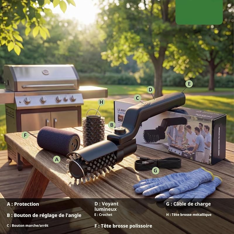 Brosse à grill électrique, brosse à grill à couple élevé avec modes 3 vitesses, nettoyeur de barbecue à couple maximum de 20kg pour acier inoxydable en fonte de porcelaine, poiles en acier renforcé, T