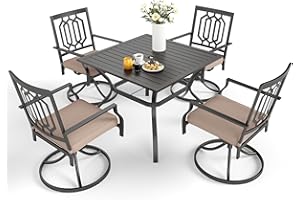MFSTUDIO 5 PCS Metal Outdoor Patio Furniture Dining Set, 4 Metal Swivel Chairs and Square Dining Table with Umbrella Hole, Black
