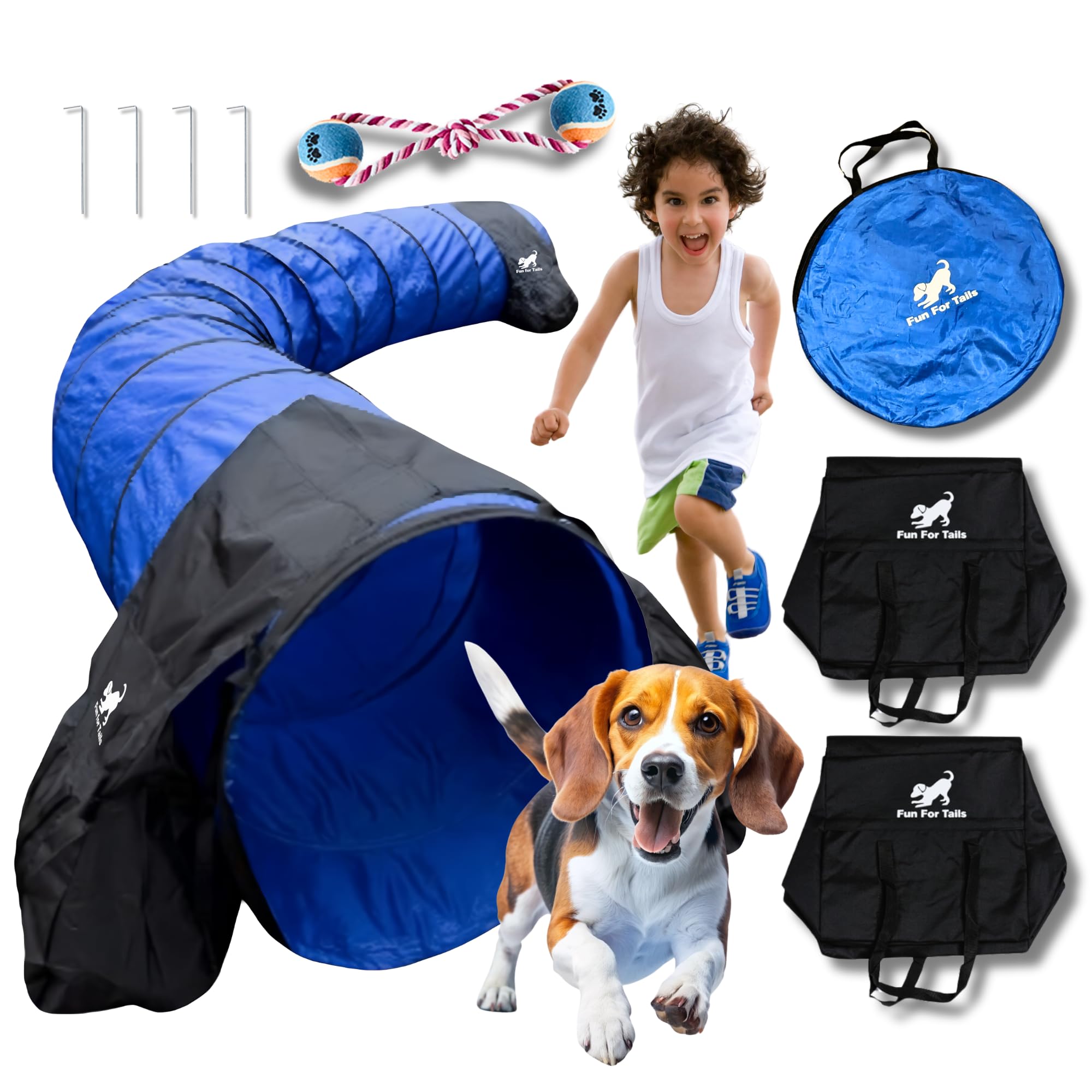 Fun for Tails 20-Foot Dog Tunnel or Agility Tunnel with Rope and Tennis ...