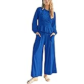 Antnation Womens 2-Piece Boho Long Sleeve Smocked Top & Wide Leg Pants Set Casual Lounge Outfit with Pockets