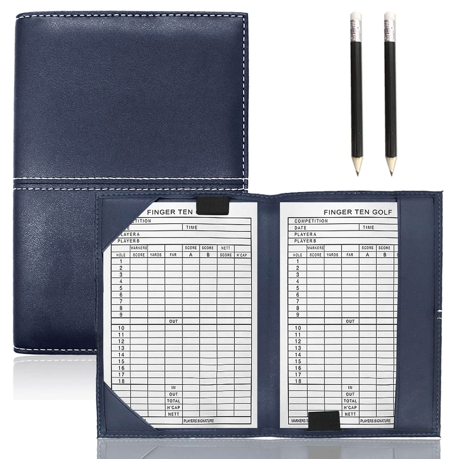 Golf Scorecard Holder Synthetic Leather with 2 Score Sheets and 2 Pencils Value Gift Pack, Golf Score Counter Book Yardage Organiser Soft Deluxe Genuine for Men Women Color Black Brown Navy (Navy)