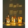 DN DECONATION Light up Christmas Ceramic Village Houses White Christmas Porcelain Village with Frosted Bottle Brush Xmas Trees Holiday House Figurine for Winter Table Decoration 3Pcs