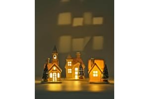 DN DECONATION Light up Christmas Decor Ceramic Village Houses, 3Pcs White Christmas Porcelain Villages with Frosted Trees, Holiday House Figurines Xmas Village Sets for Winter Table Decoration Indoor