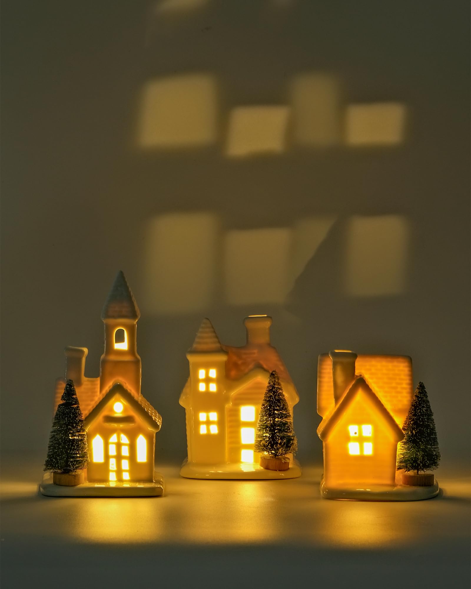 Photo 1 of (missing one) (see all images) DN DECONATION Light up Christmas Decor Ceramic Village Houses, 3Pcs White Christmas Porcelain Villages