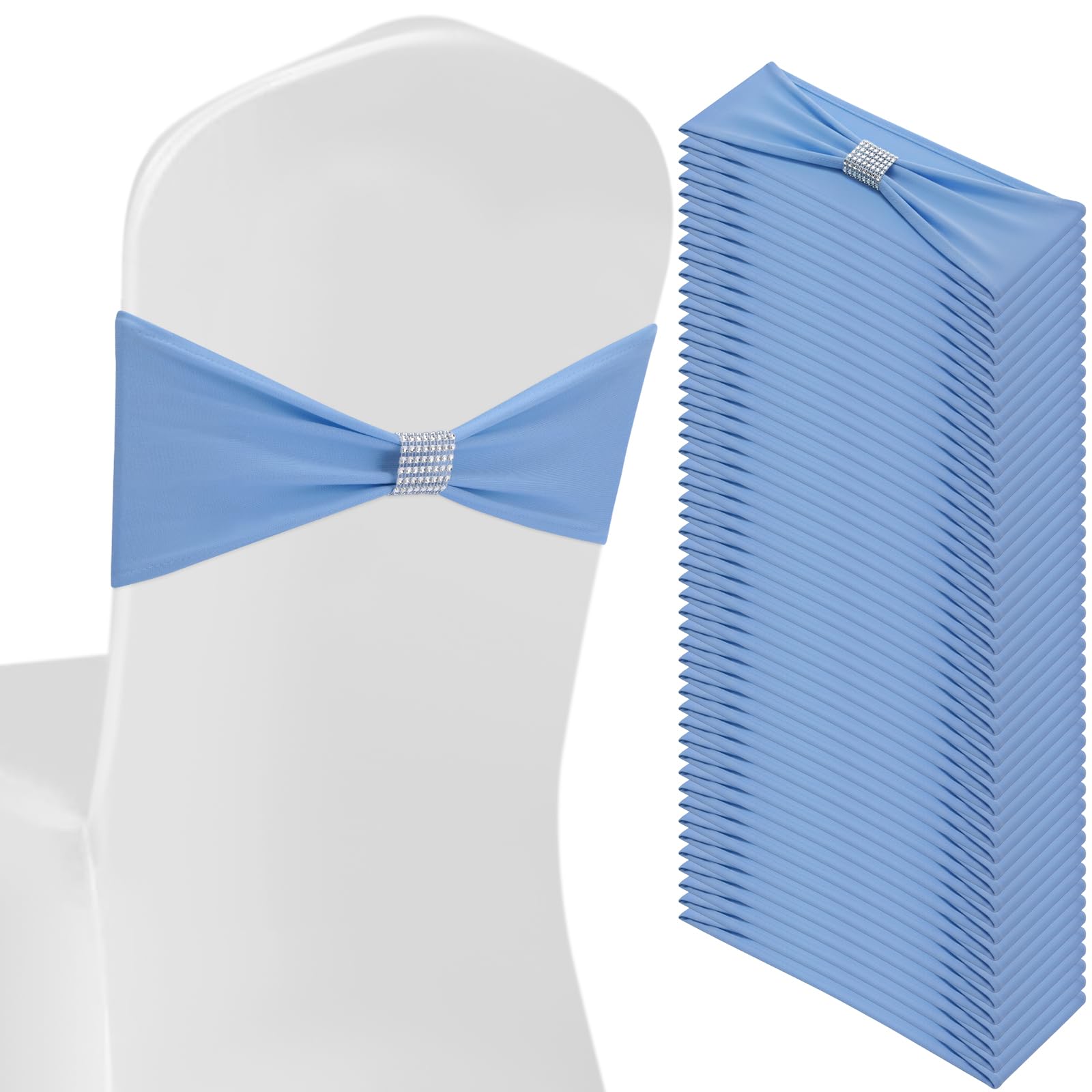 Photo 1 of Moukeren 50 pcs Spandex Chair Sashes Bows Stretch Chair Covers Bands with Slider Buckles Universal Elastic Seat Ribbons for Wedding Party Events Ceremony Birthday Banquet(Baby Blue)