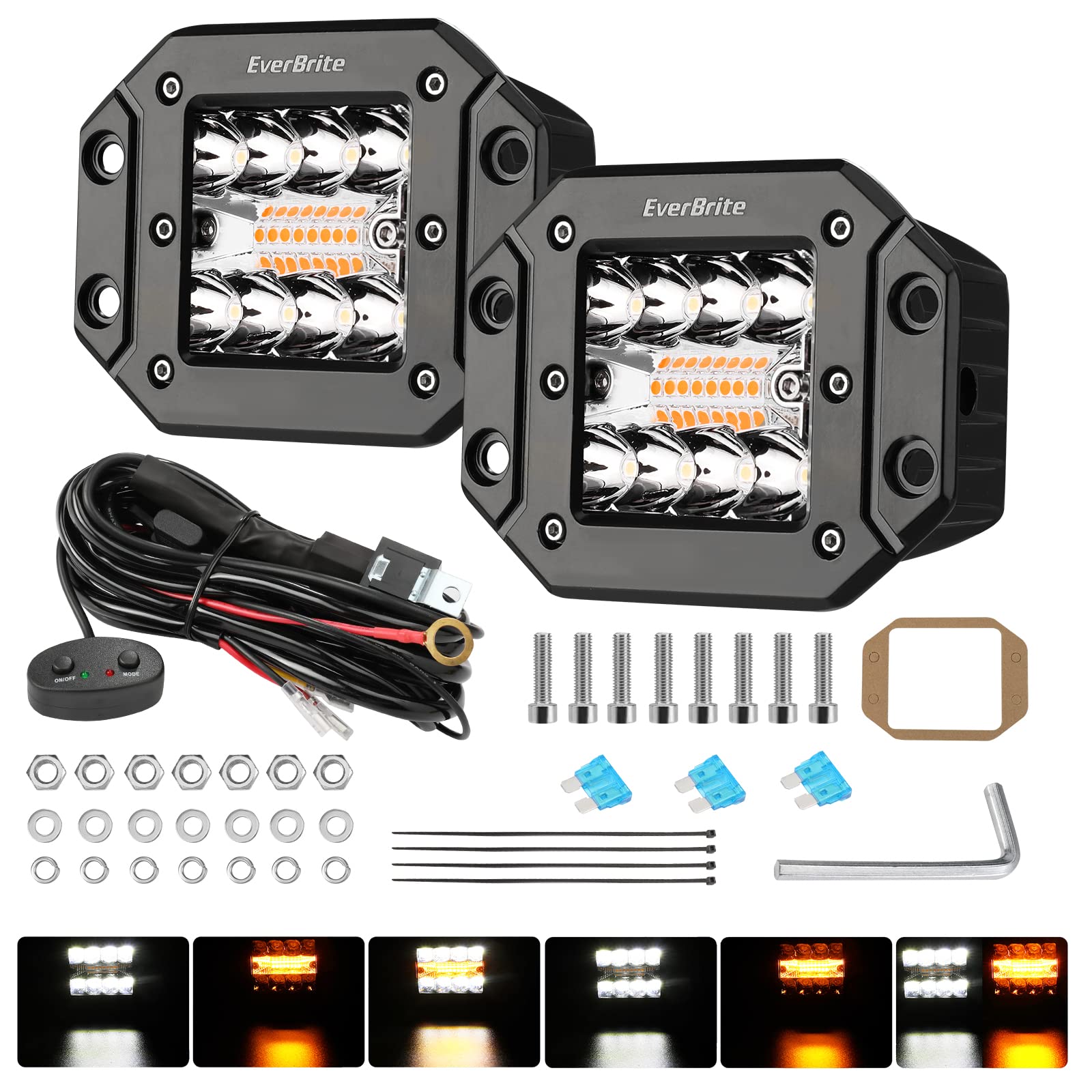 Photo 1 of EverBrite 2PCS 48W Led Light Pods Flush Mount, Spot Flood White Amber Strobe 6 Modes with Memory Function, Off Road Fog Driving Light for Truck Car ATV SUV Cabin, 16AWG Wiring Harness Kit- 2 Leads
