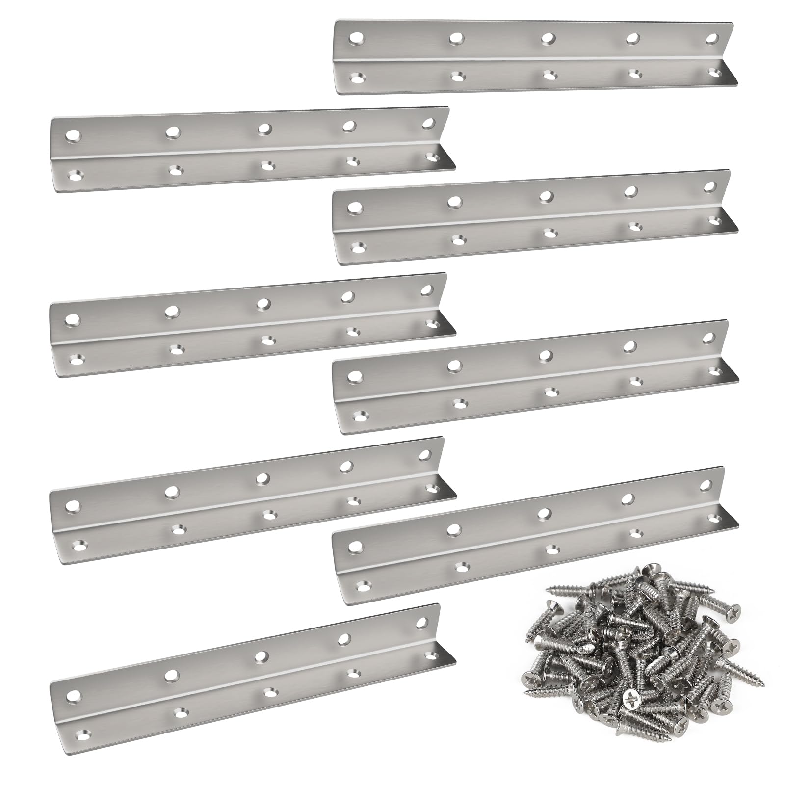 MIGUBIGU Pack of 8 L Shape Angle Connectors, Silver, 225 x 27 x 27 mm, 90 Degree Angle Corner Connector, Stainless Steel, Furniture Connector Angle for Shelves, Furniture, Cupboard