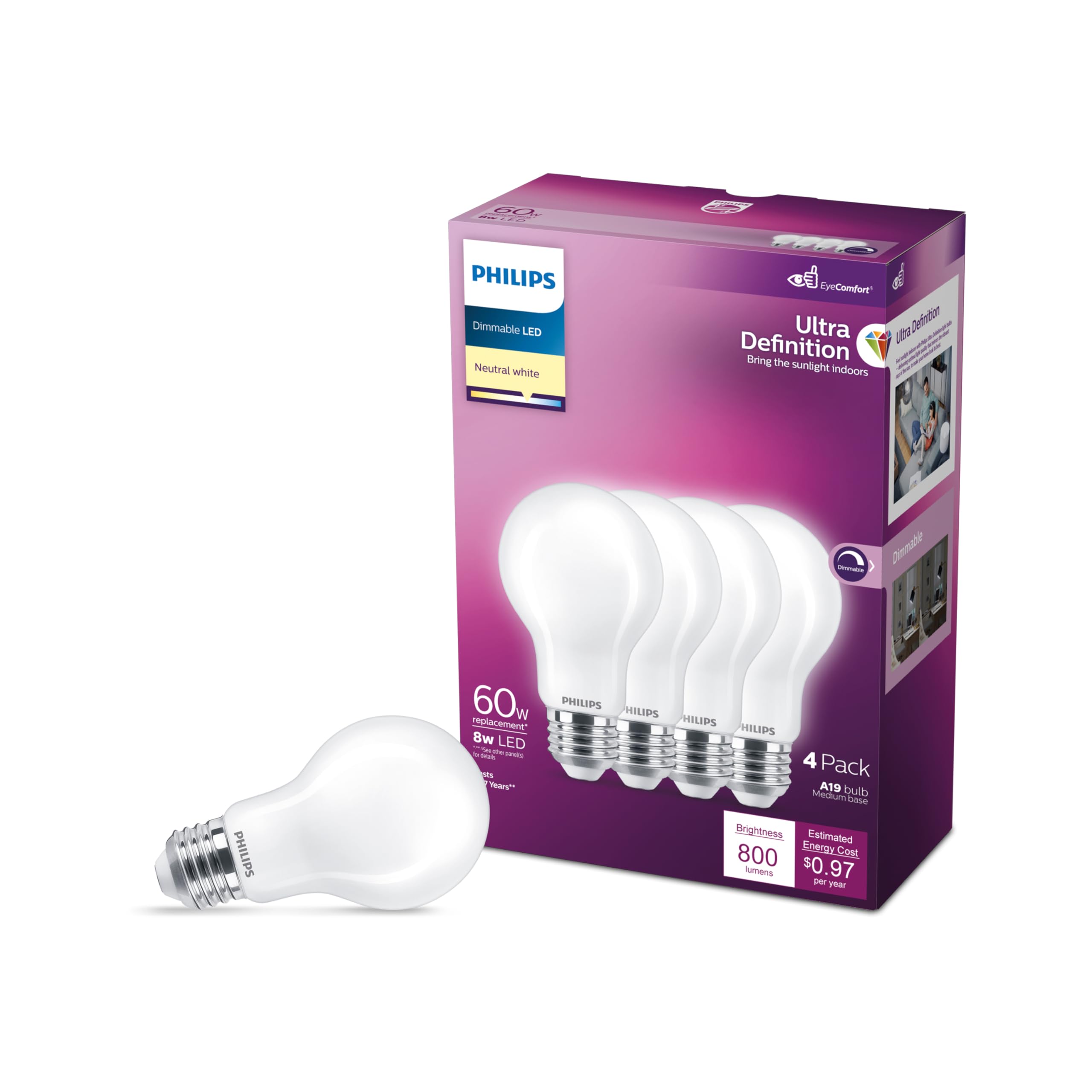 Photo 1 of A19 Ultra Definition Frosted Dimmable LED Light Bulbs - Flicker-Free 60w Light Bulbs with EyeComfort Technology - Daylight 3500K Lightbulb - 800 Lumen - E26 Base - 4 Pack