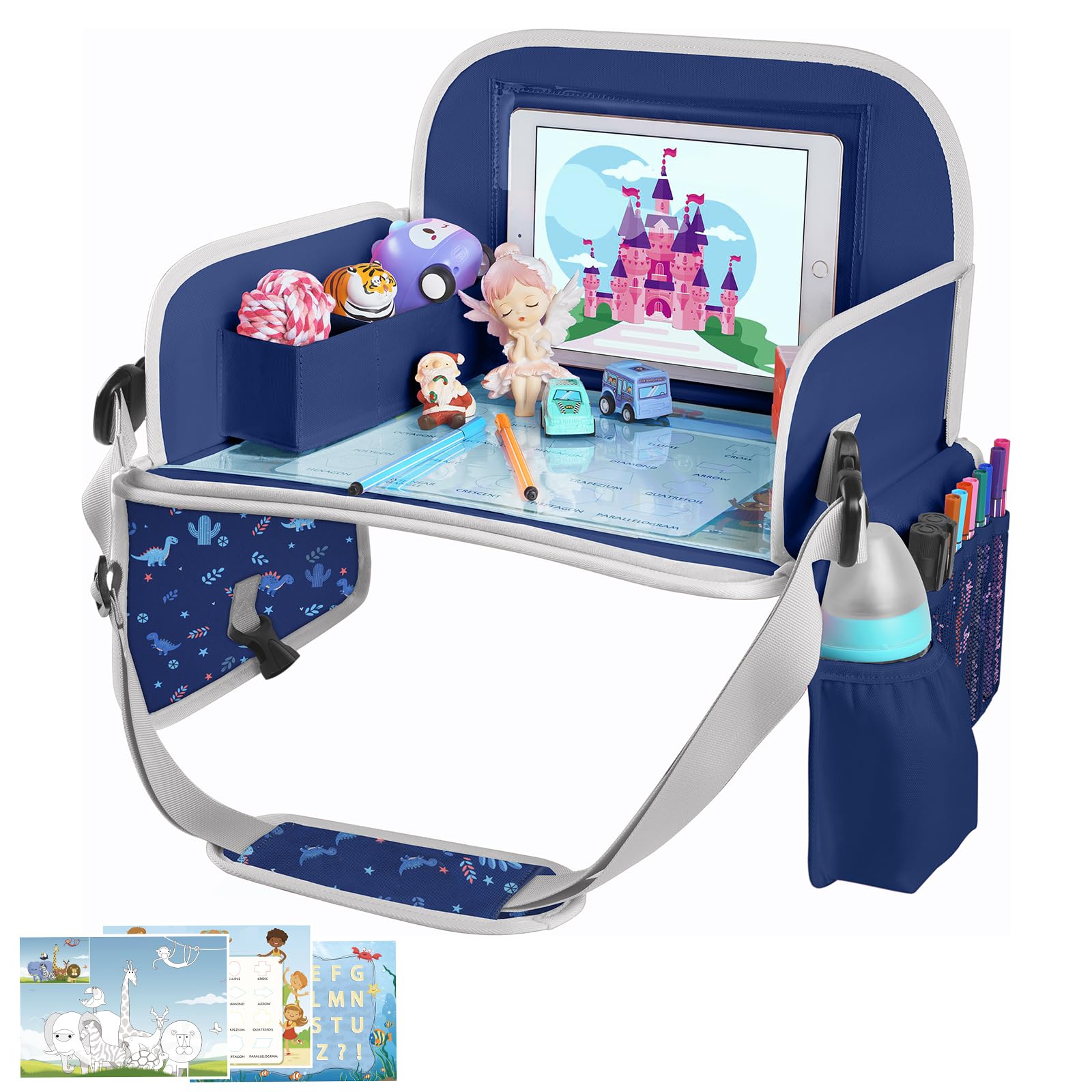 Photo 1 of MENZOKE Kids Travel Tray, Car Seat Tray with Educational Drawing Board, Tablet Holder & Cooler Cup Holder,Essential for Car Travel & Holiday Gifts, Dinosaur Print Pattern, Dark Blue