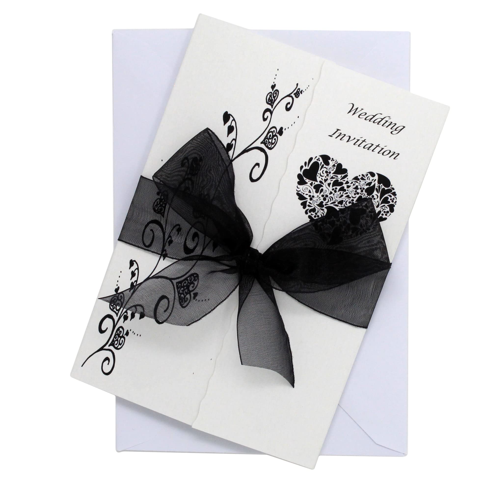 Pack of 10 Black Wedding Invitations with ribbon and envelopes- Gatefold style!