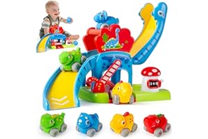 LACCHOUFEE Toys for 1 Year Old Boy and Girl, Race Track for Toddlers 1-3 with 4 Dinosaurs Car Toys for Baby 12-18 Months, First Birthday Gifts for Boys, Educational Slide Toys for Ages 1-2