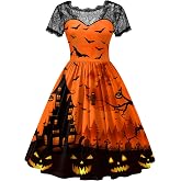 ALIREVERIE Women Halloween Party Costume Vintage Swing Lace Short Sleeve Witch Dress