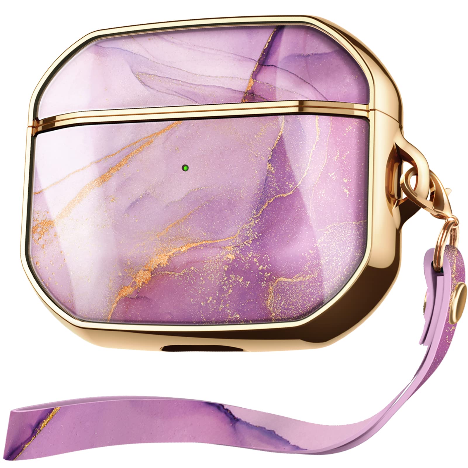 GVIEWIN Compatible with AirPods 3 Case Cover 2021, Shiny Marble Full Protective Shockproof Cute Silicone Hard Cover [Front LED Visible] [Support Wireless Charging] with Wrist Lanyard,Romantic Purple