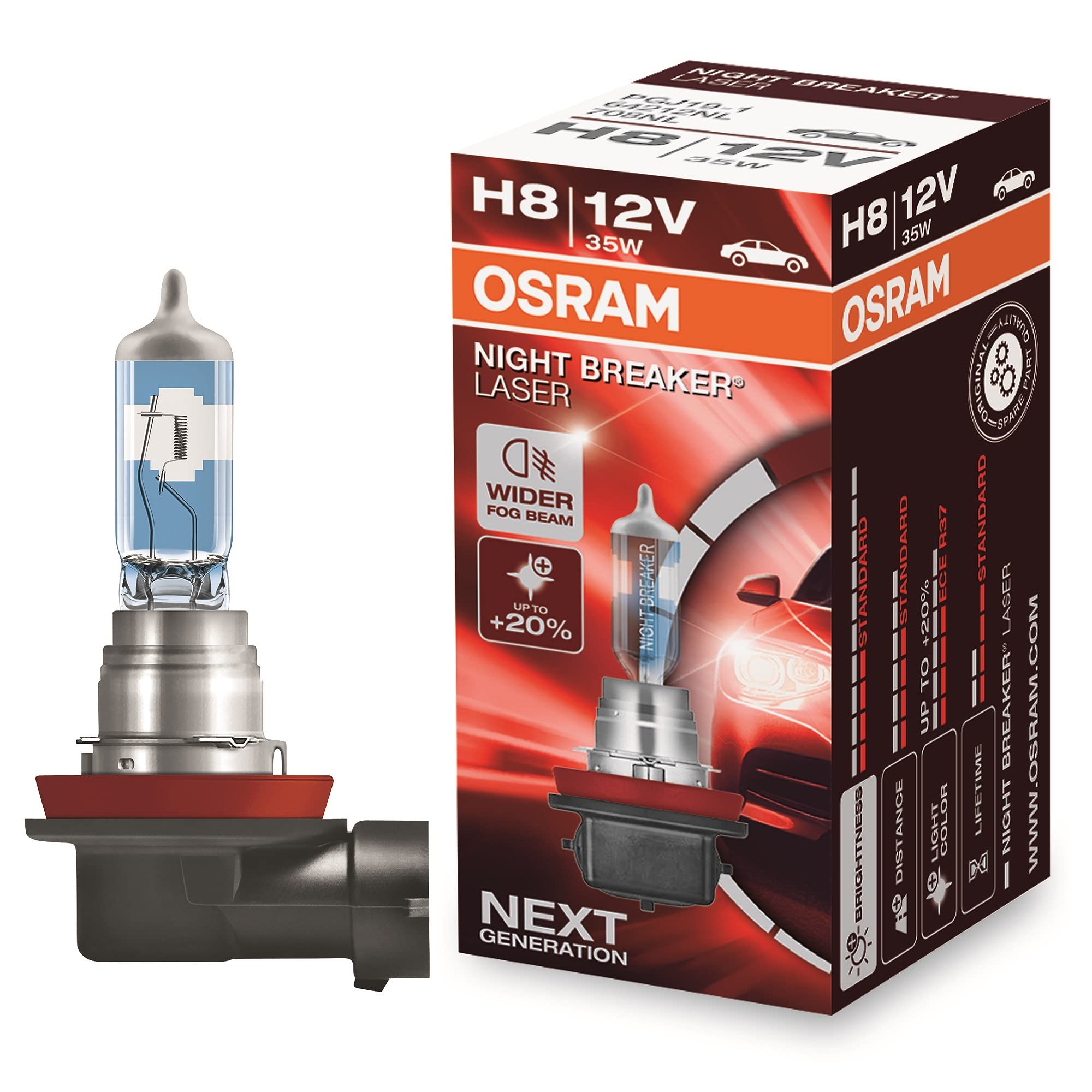 OSRAM NIGHT BREAKER LASER H8, +150% more brightness, halogen headlight lamp, 64212NL, 12V, folding box (1 lamp)